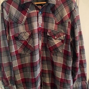 VTG ROEBUCKS Plaid Pearl Snap Button Western Cowboy Shirt Burgundy Grey Men L